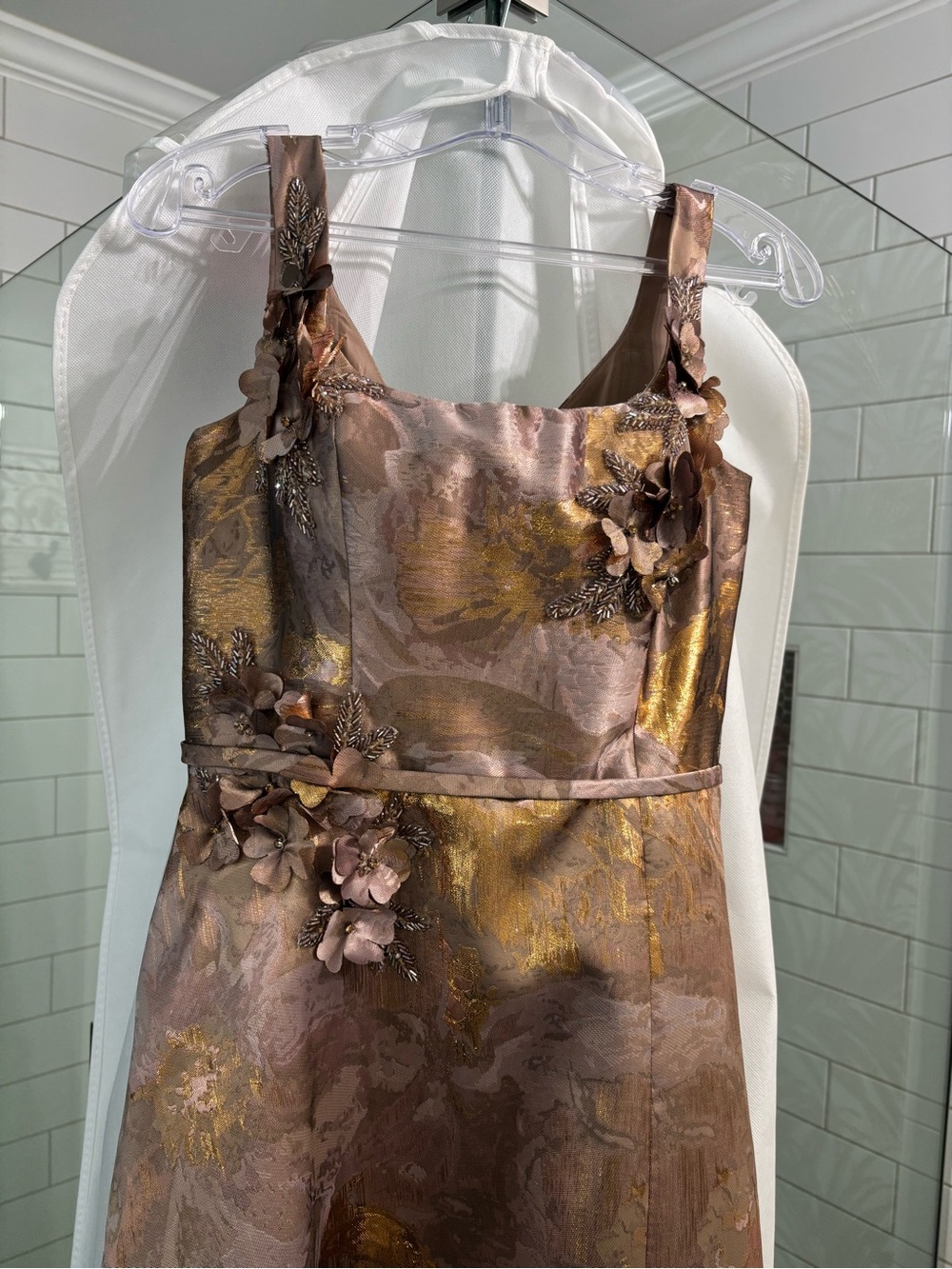 MGNY Metallic Floral Appliqué Brocade Evening Dress - Rose Bronze.